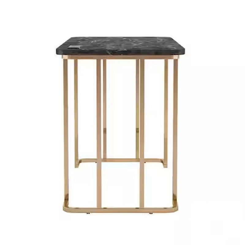 47 Inch Desk, USB Power Outlet, Gold Metal Legs, Black Faux Marble