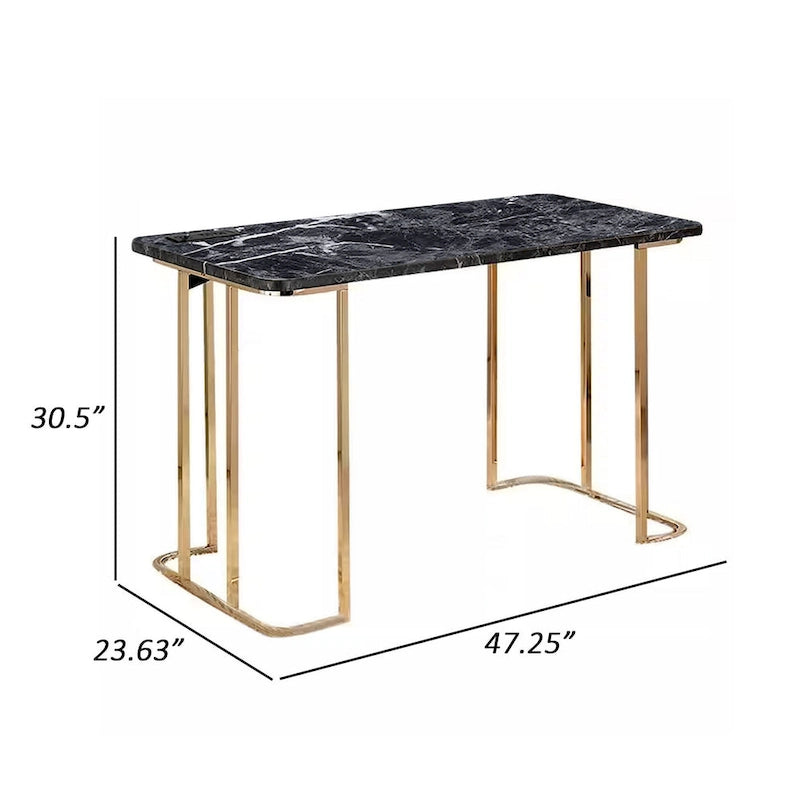 47 Inch Desk, USB Power Outlet, Gold Metal Legs, Black Faux Marble